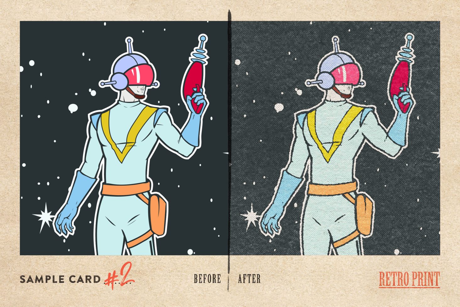 Retro space suit illustration side by side comparison showing before and after print effect suitable for graphics category